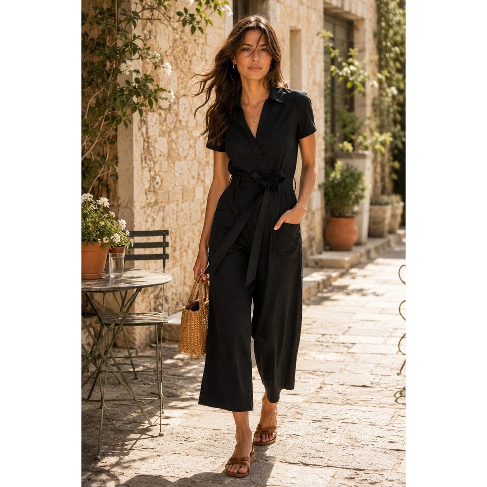 NWT Maeve Anthropologie The Colette Jumpsuit Women 8 Linen Wrap‎ Belted Wide Leg
